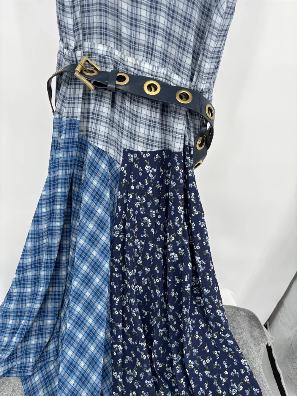 Michael Kors Blue Patchwork handkerchief chambray  Asymmetrical Tank belt Dress
